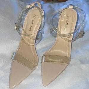 Prettylittlething clear/cream strapped stiletto pointed heels size us 6